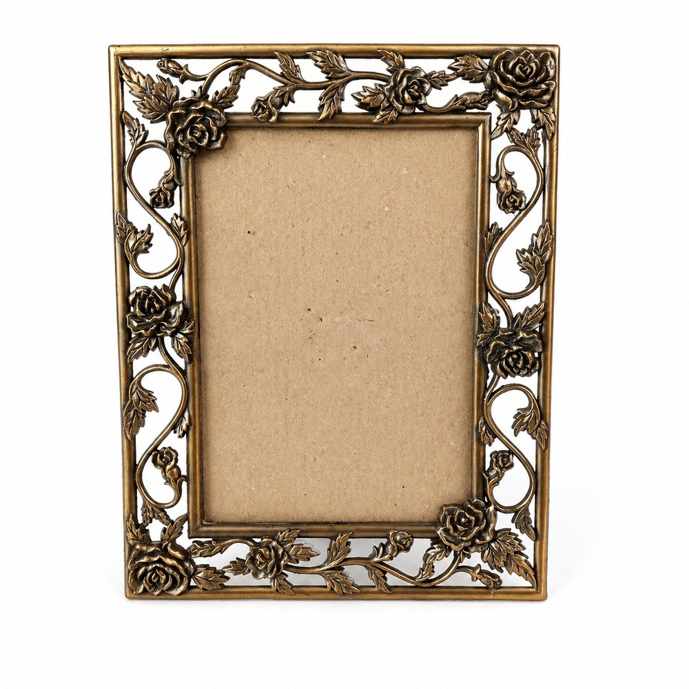 Vintage Ornate Brass Tone Metal Rose Floral Picture Frame 3.5x5 Cottagecore